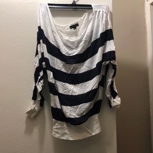 Navy and white striped cowl neck sweater